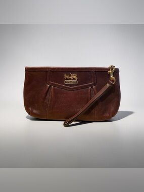 Vintage Coach Dark Brown Leather Wristlet with Gold Accent